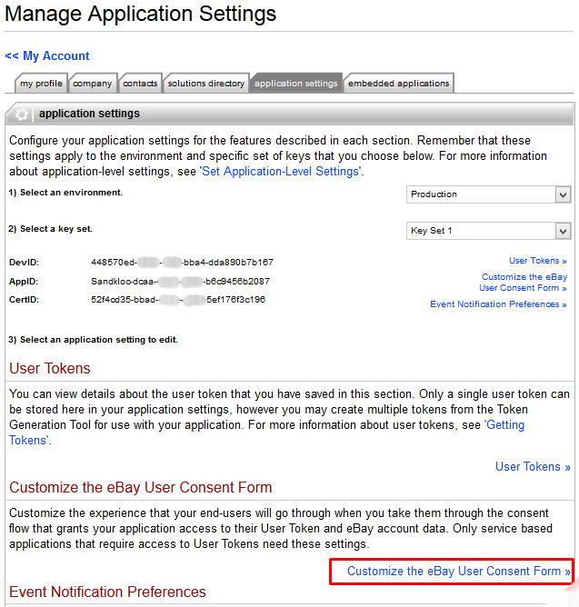 Ebay : Application Settings