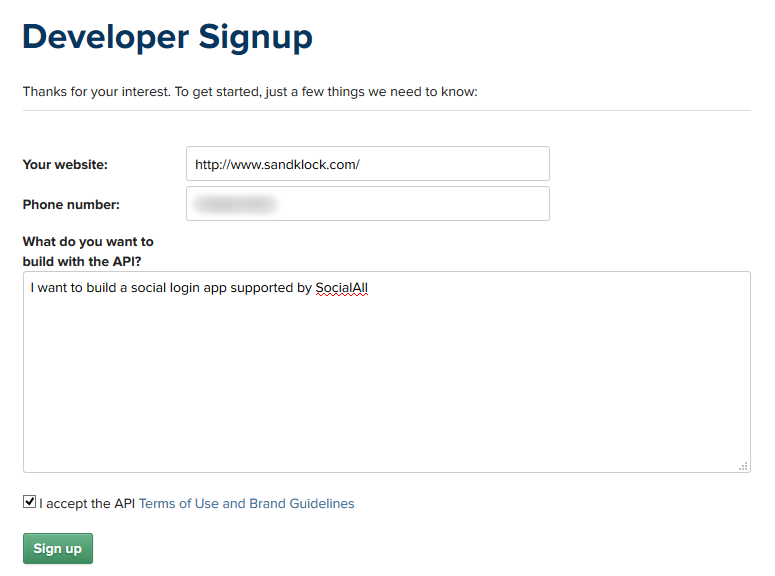 Instagram : Developer Signup form