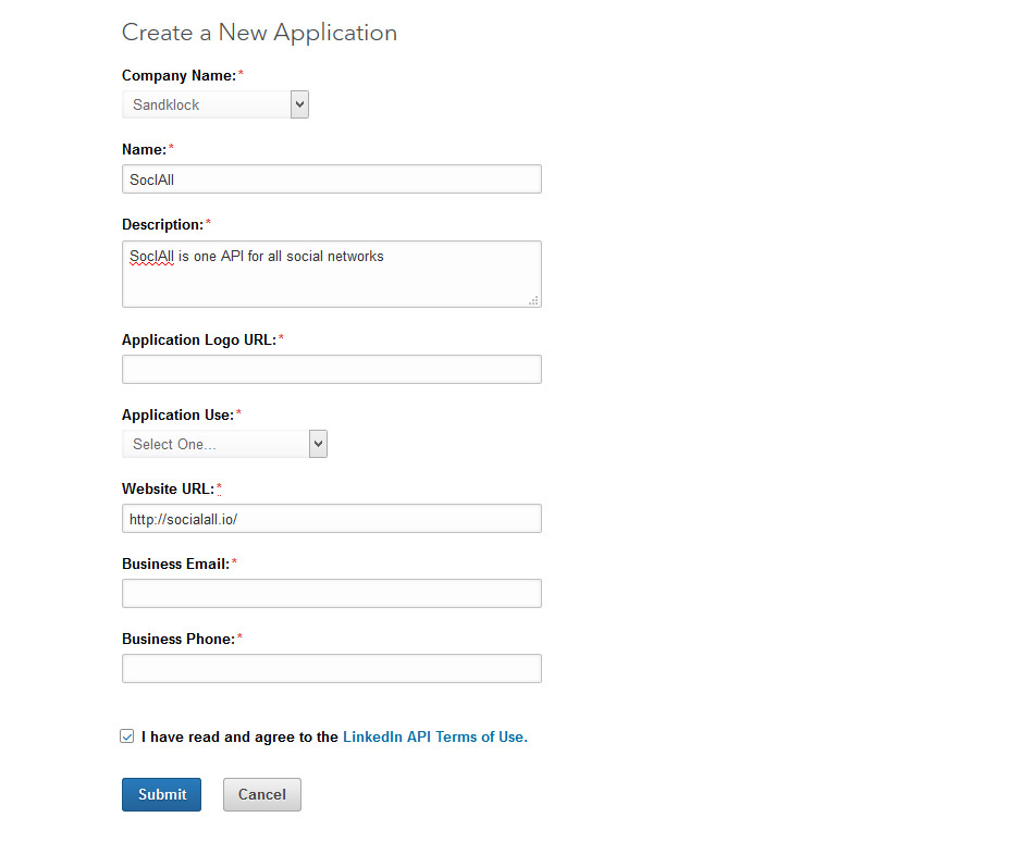 Linkedin : Create App Form